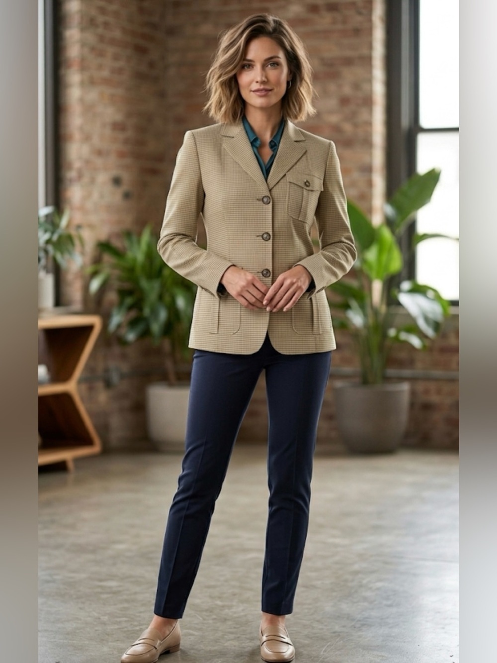Vintage Lauren Ralph Lauren Tan Houndstooth Blazer with Peach Lining.